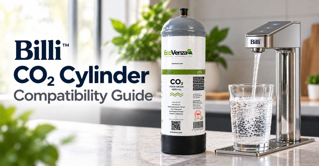 EcoVenza CO₂ cylinder shown with a Billi sparkling water system dispensing sparkling water, illustrating how to identify and confirm Billi cylinder compatibility before replacement.