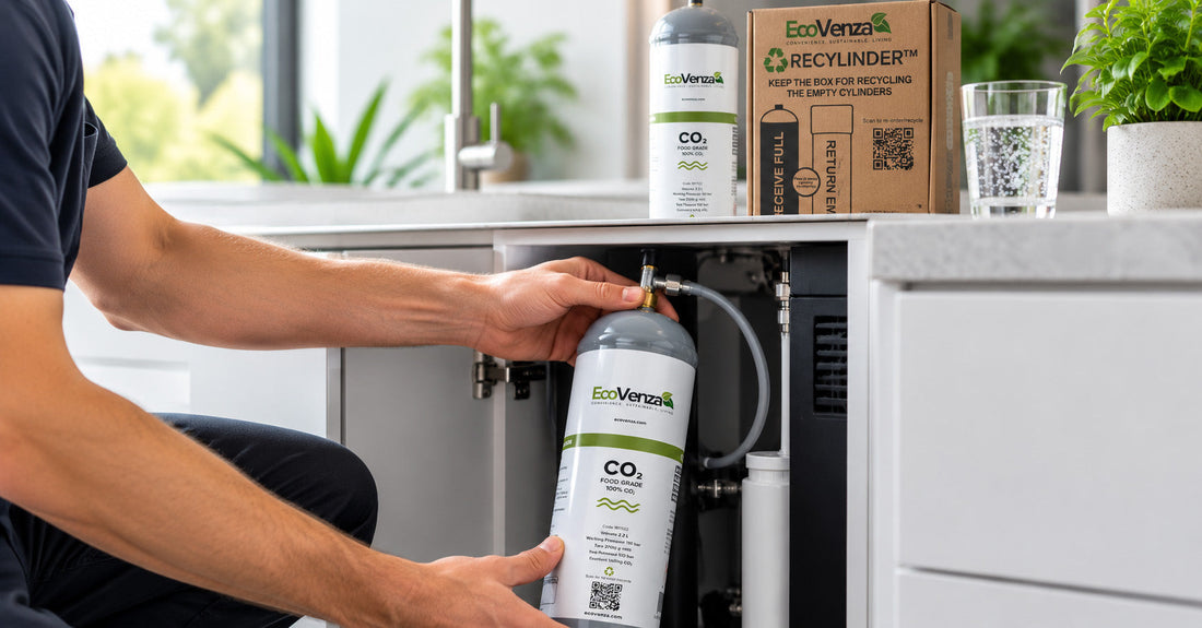 EcoVenza CO₂ cylinder being replaced in a home sparkling water system, with a spare cylinder and ReCylinder™ recycling box on the kitchen bench.
