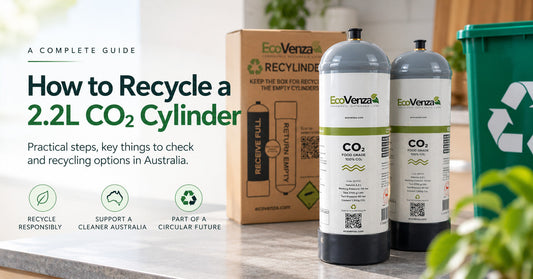 EcoVenza 2.2L CO₂ cylinders alongside a ReCylinder™ recycling box and recycling bin, illustrating responsible CO₂ cylinder recycling in Australia.