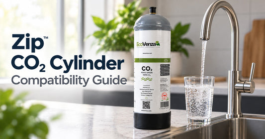 EcoVenza CO₂ cylinder beside a gooseneck sparkling water tap, illustrating how to identify and check Zip™ CO₂ cylinder compatibility before replacement.