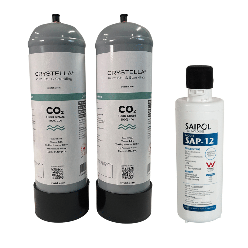 Sparkling Water Gas & Filter Bundle: 2 x 2.2L Crystella CO₂ Cylinders + 1 x SAIPOL SAP-12 Filter. Compatible With Zip™ 91295 Includes FREE Freight & Recycling